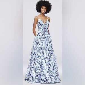 Betsy & Adam Deep V-Neck Ball Gown in Blue on White Mosaic Floral Print
